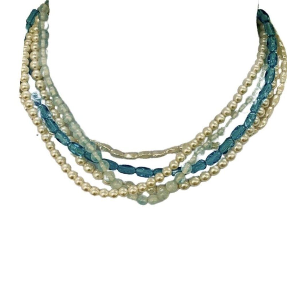 Womens Blue Tan Beaded Faux Pearl 5 Tier Silver Princess Vintage Necklace 18”